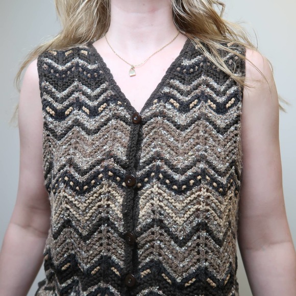 Vintage 90s brown chenille sweater vest S - Picture 2 of 6